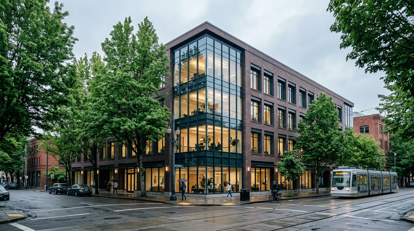 An office building exterior on a tree-lined city street